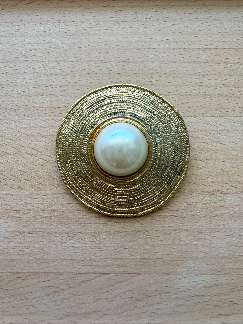 Gold Round Brooch with Pearl Center